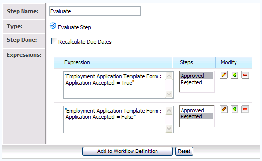 Beispiel mit einem abgeschlossenen Auswertungsschritt für das Bewerbungsformular