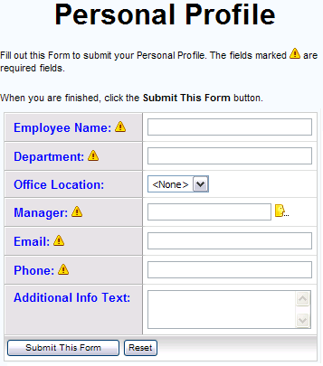 Formular mit persönlichem Beispielprofil mit angewendeter benutzerdefinierter Ansicht.