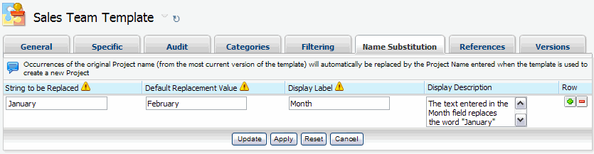 Projektvorlage Verkaufsteam auf der Registerkarte Namensersetzung.
