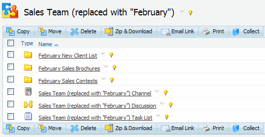 Projektarbeitsbereich Verkaufsteam; mit Objekten, die das Wort Februar enthalten.