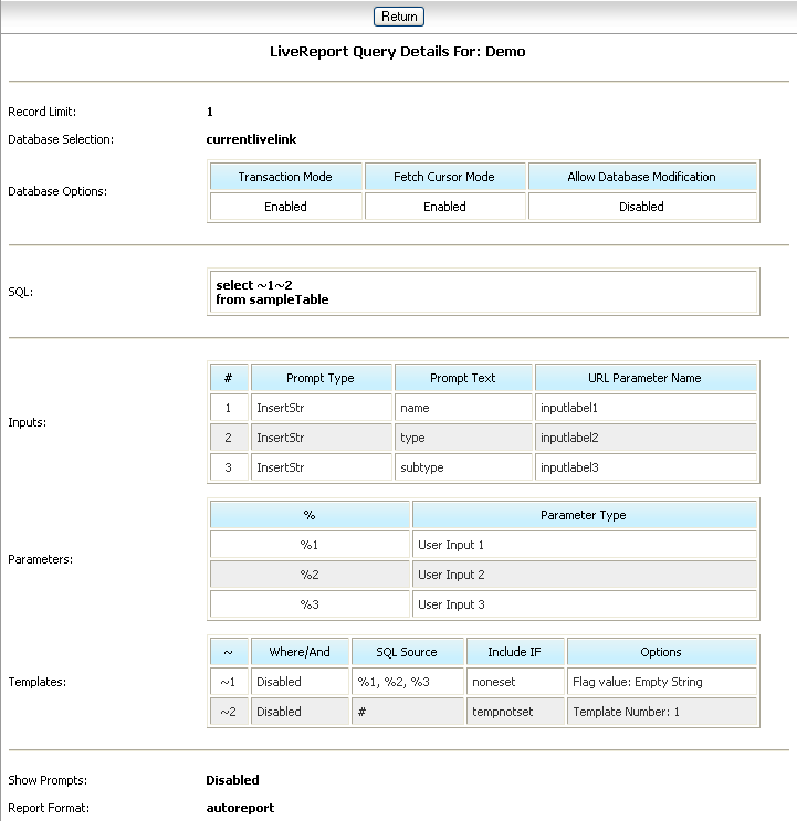 Beispiel für die im vorherigen Absatz beschriebenen LiveReport-Abfragedetails.