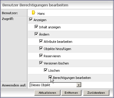 Bereich Benutzerberechtigungen bearbeiten