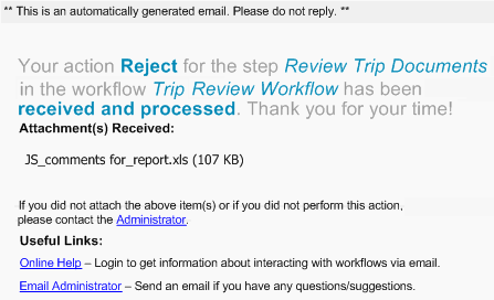 E-Mail, welche die Aktion zum Ablehnen des Workflow-Schritts bestätigt, die an den Benutzer gesendet wird, der den Workflow abgelehnt hat.