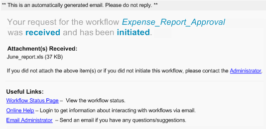 Beispiel einer empfangenen Bestätigungs-E-Mail bei initiiertem E-Mail-aktivierten Workflow.